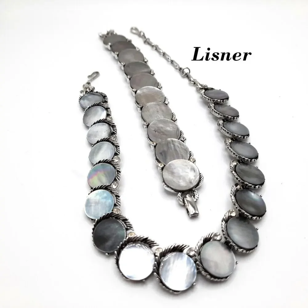 Vintage Lisner Mother of Pearl Necklace Bracelet Set, 1960s Rhinestone Jewelry